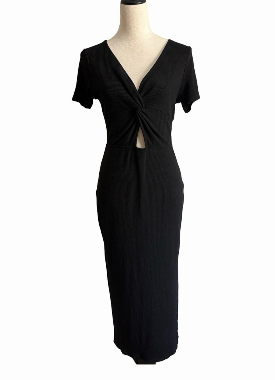 Heartloom Yada Black Ribbed Knit Bodycon Dress Large Cutout Twist Front Slit LBD